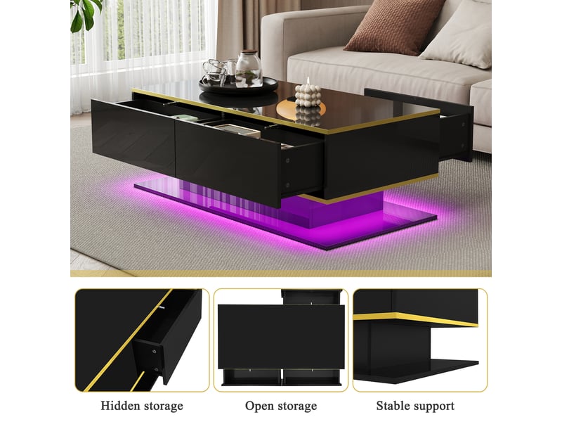  Table basse led moderne 100 cm, finition brillante, décor doré, 3 tiroirs, bandeau led usb, noir  - Conforama D