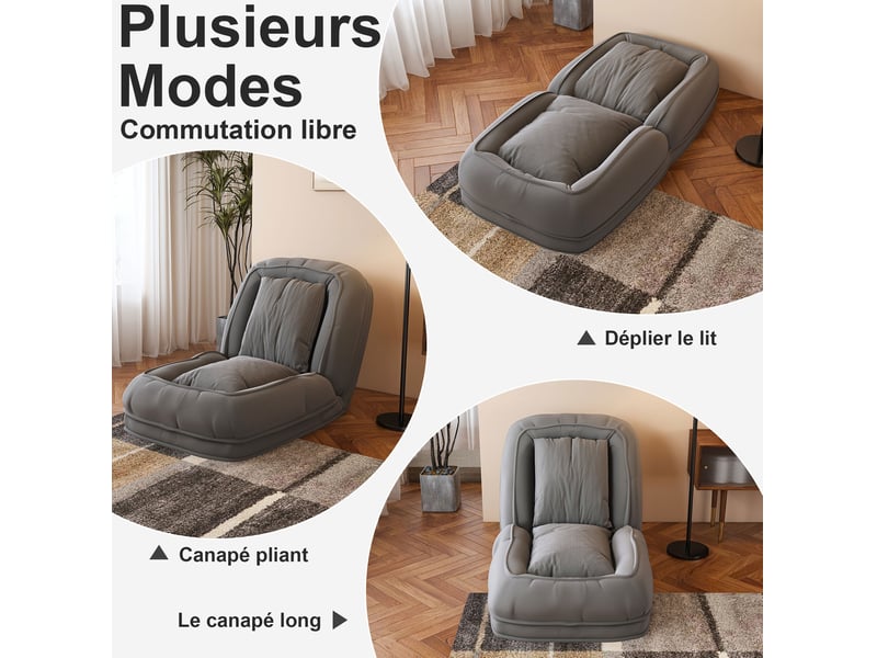  Canapé-lit pliable 80x22x87 cm convertible et ergonomique, à 5 positions réglables, structure en métal, coloris gris  - Conforama D