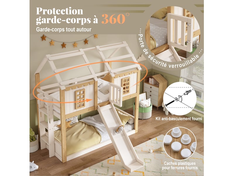  Lit superposé enfant 90x200 cm maison avec toboggan coloris blanc et bois  - Conforama D