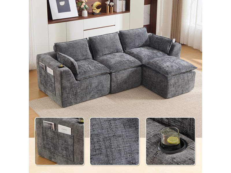  Canapé modulable 3 places en tissu chenille gris, avec pouf, 2 poches latérales, porte-gobelets, 256×161×75 cm  - Conforama D