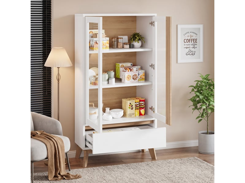 Buffet de cuisine 80 x 40 x 150 cm avec 2 portes vitrées et 1 tiroir, étagères réglables, blanc et aspect bois - Conforama B