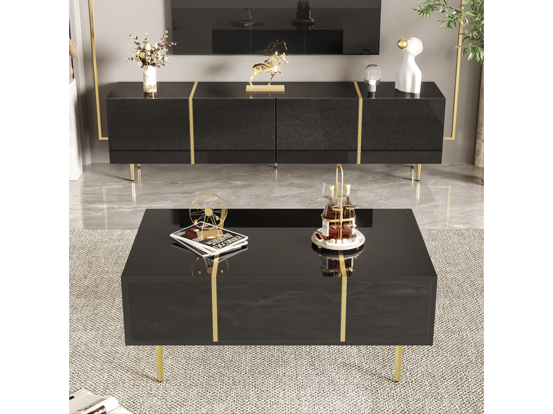 Pack meuble tv 180 cm et table basse noir brillant - style contemporain chic - Conforama B