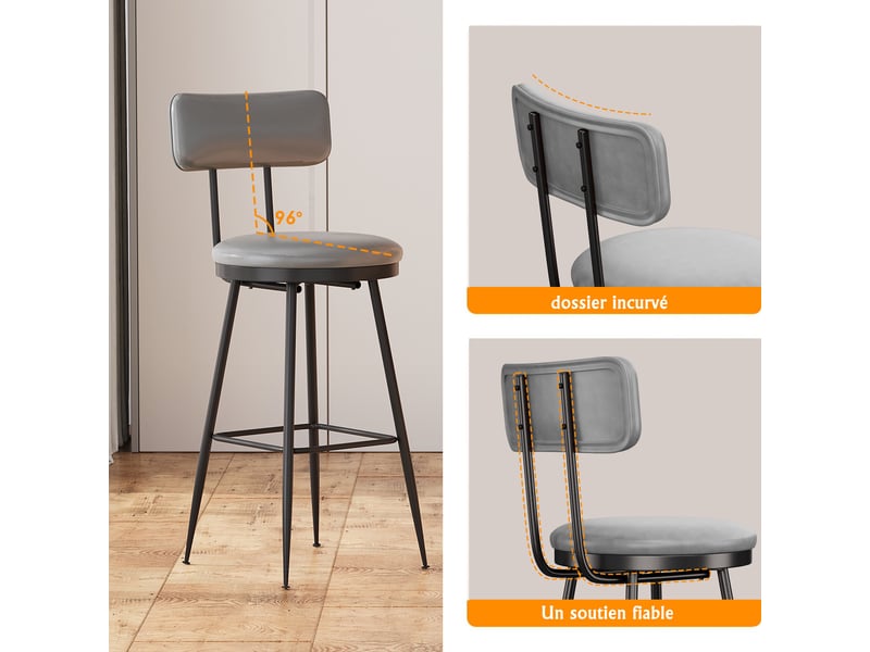  Lot de 4 tabourets de bar - 38x39.7x85.5cm - chaises de bar industrielles vintage en cuir pu - gris foncé  - Conforama D