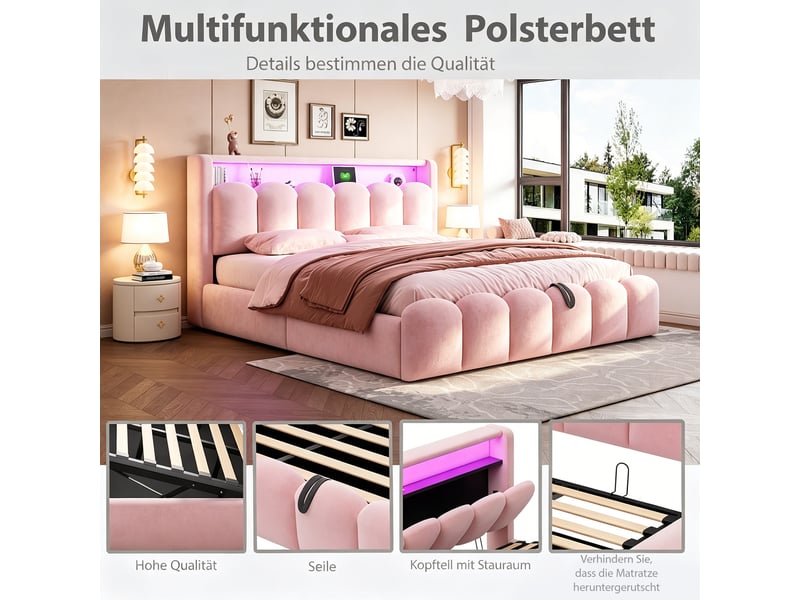  Lit coffre 180x200 cm, lit rembourré, led usb type-c, rangement hydraulique, design pétale, velours rose, sans matelas  - Conforama D