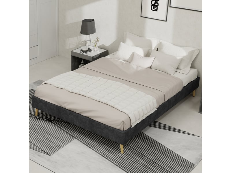 Cadre lit 140x200 cm velours néerlandais gris sans sommier gaz ni tête ni matelas  - Conforama B