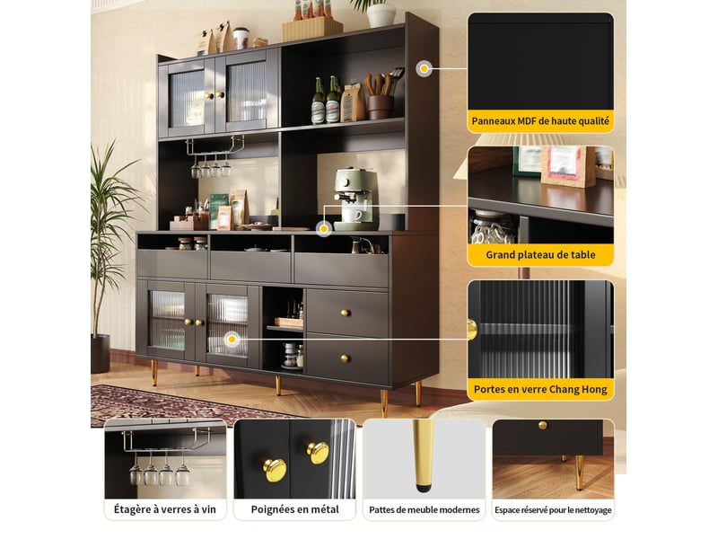  Buffet haut 145x39x171 cm, 5 tiroirs, portes en verre strié, rangement pour verres à vin, mdf, noir et doré  - Conforama E