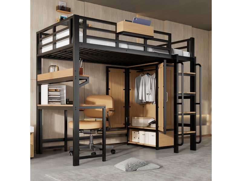  Lit mezzanine 204x95x168,5 cm avec armoire double porte et bureau, métal et mdf noir et naturel sans matelas  - Conforama D