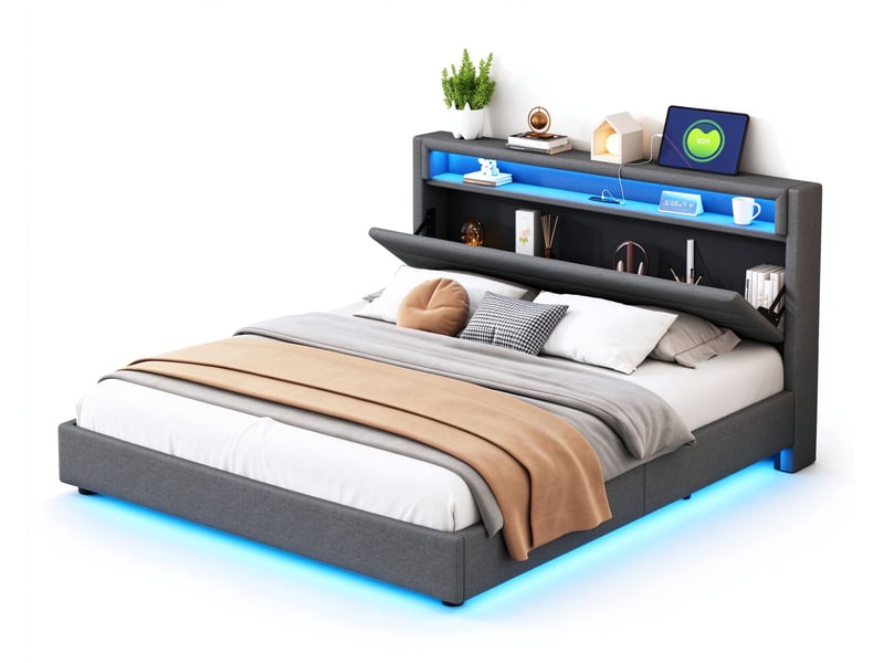  Lit double 160x200 cm, tête réversible avec rangement, usb intégré, led multicolore en tête et pied, pieds dissimulés, sommier à lattes, lin, gris  - Conforama A