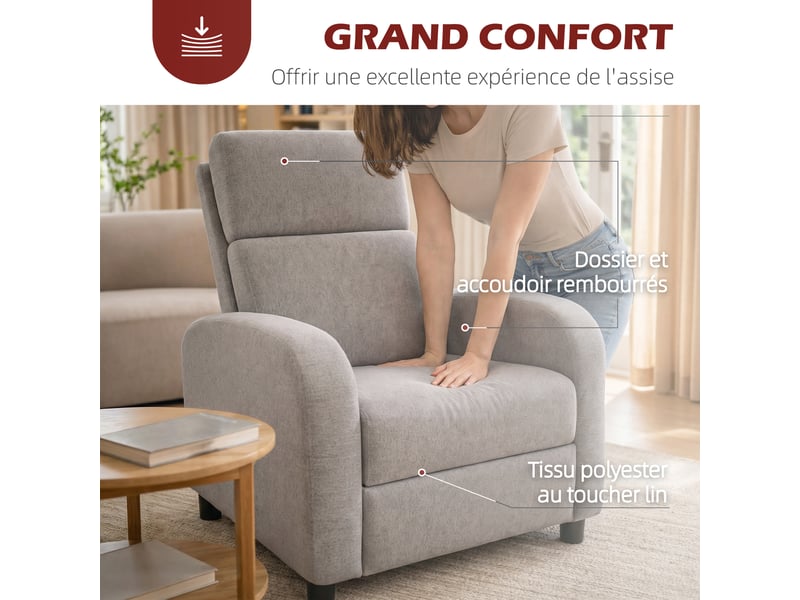  Fauteuil relax inclinable jusqu'à 160° manuellement avec repose-pieds intégré, charge max. 120kg, grand confort, gris  - Conforama D