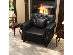 Fauteuil chesterfield 1 place en simili cuir noir, capitonné, 105 cm