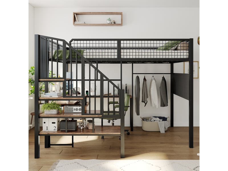  Lit mezzanine 140 x 200 cm en métal, bureau d’angle en l, escalier, tablette clavier, port de charge, poche latérale, noir evarich - Conforama E