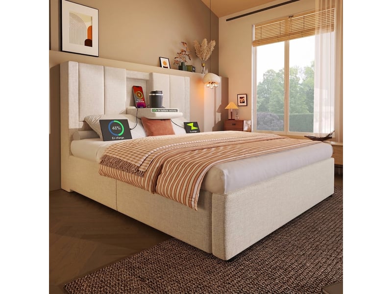  Lit coffre 90x200 cm avec port usb et porte-gobelet, sommier inclus, beige  - Conforama B