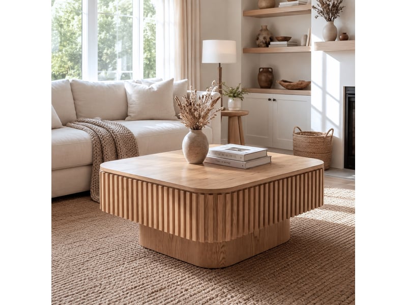  Table basse carrée avec couvercle amovible et rangement caché finition cannelée en bois pour salon 75 × 75 × 35 cm  - Conforama D