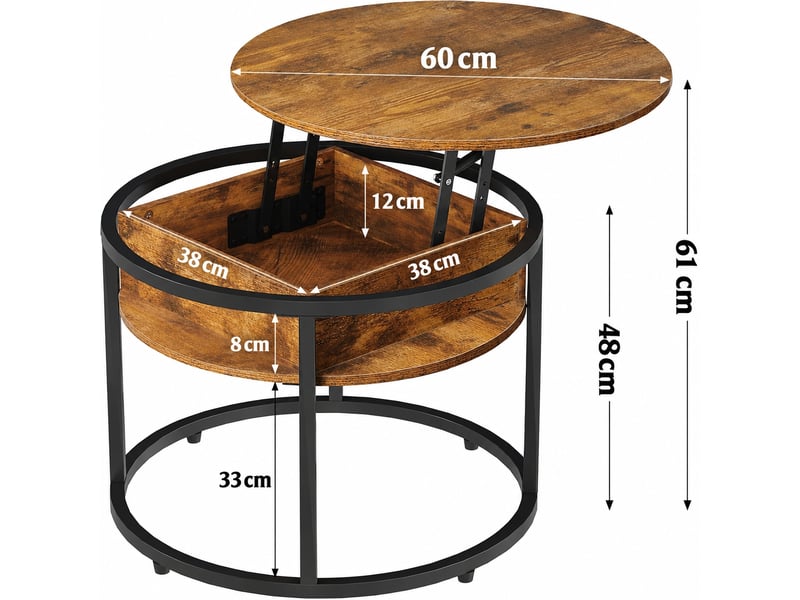  Table basse ronde à plateau relevable avec rangement, marron rustique, diamètre 60, hauteur 48 à 61  - Conforama C