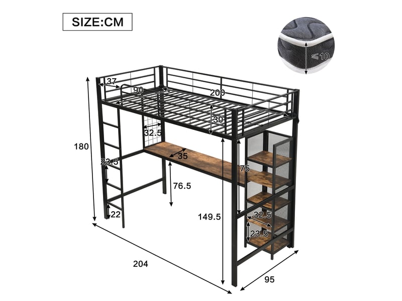 Lit mezzanine 90x200 cm avec bureau et rangements intégrés-échelle et garde-corps en métal-structure mdf et métal-noir  - Conforama C