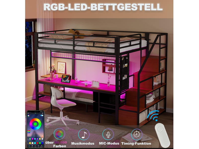  Lit mezzanine enfant 140x200 cm – noir – couchage 90x200, bureau led, prises et rangements intégrés - sans matelas  - Conforama E