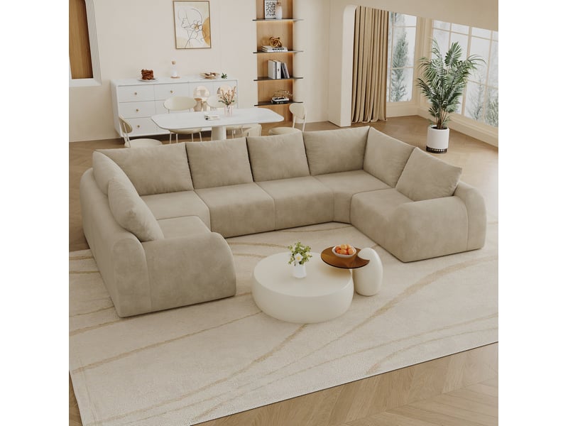  Canapé panoramique en u 6 places avec mousse haute élasticité, sans montage, en chenille kaki 344 × 200 × 85 cm  - Conforama B