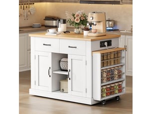 Desserte de cuisine avec table escamotable, 2 portes, 2 tiroirs, roulettes, prises et étagères pour salle à manger