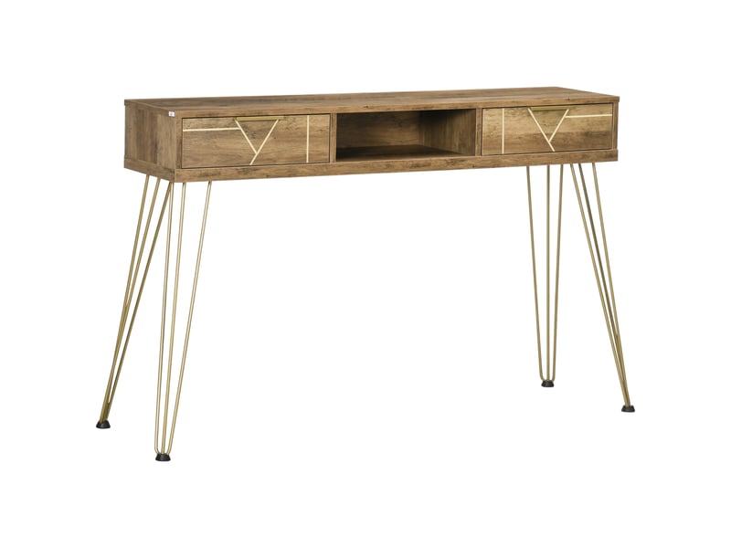  Console d'entrée avec 2 tiroirs, une étagère ouverte et des pieds en acier, 120 x 29 x 79 cm, bois et bronze  - Conforama A