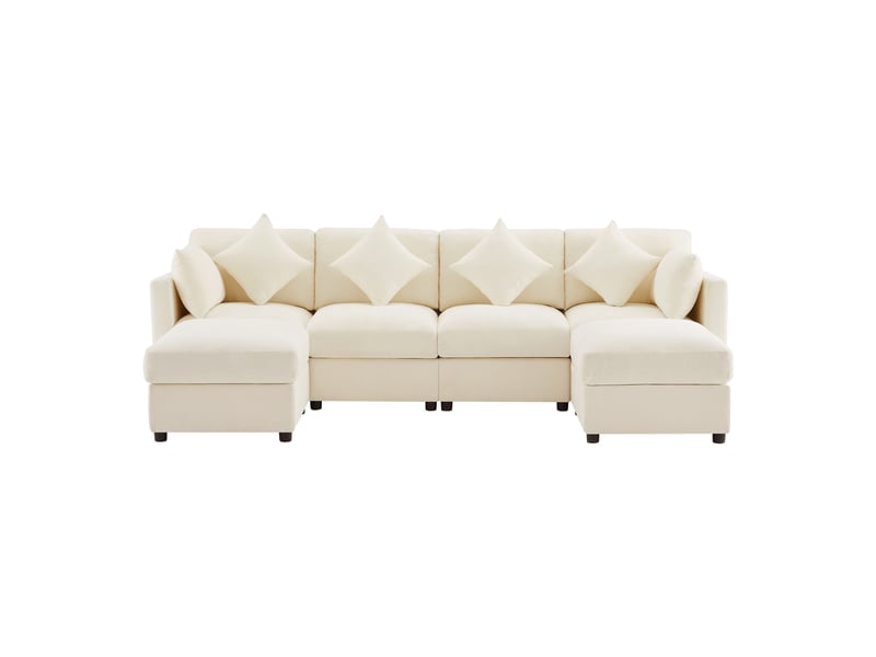 Canapé d'angle modulable ul convertible 284x156,5x86 cm avec 2 poufs, accoudoirs réglables, 4 coussins décoratifs, 2 appuie-tête, chenille - beige Bliss Lite - Conforama A