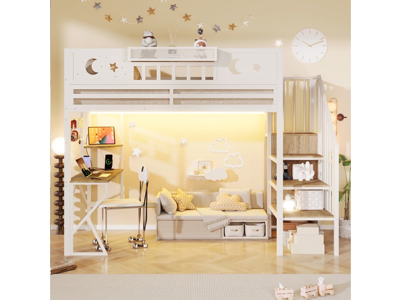  Lit mezzanine 90x200 cm, lit enfant, bureau, panneau perforé, étagères, barrière antichute, port usb, bois et métal blanc  - Conforama E