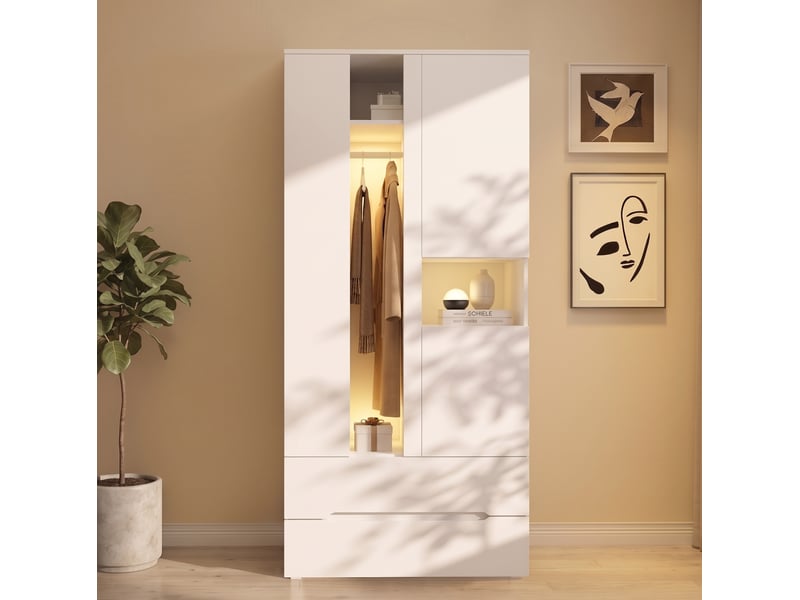  Armoire avec 3 portes, 2 tiroirs, 6 étagères et 1 tringle led pour chambre, mdf et verre blanc, 90 × 50 × 200 cm  - Conforama D