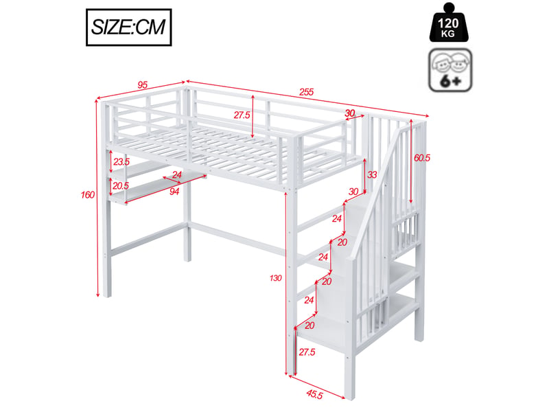  Lit mezzanine enfant 90x200 cm avec rangements et échelle blanc  - Conforama C