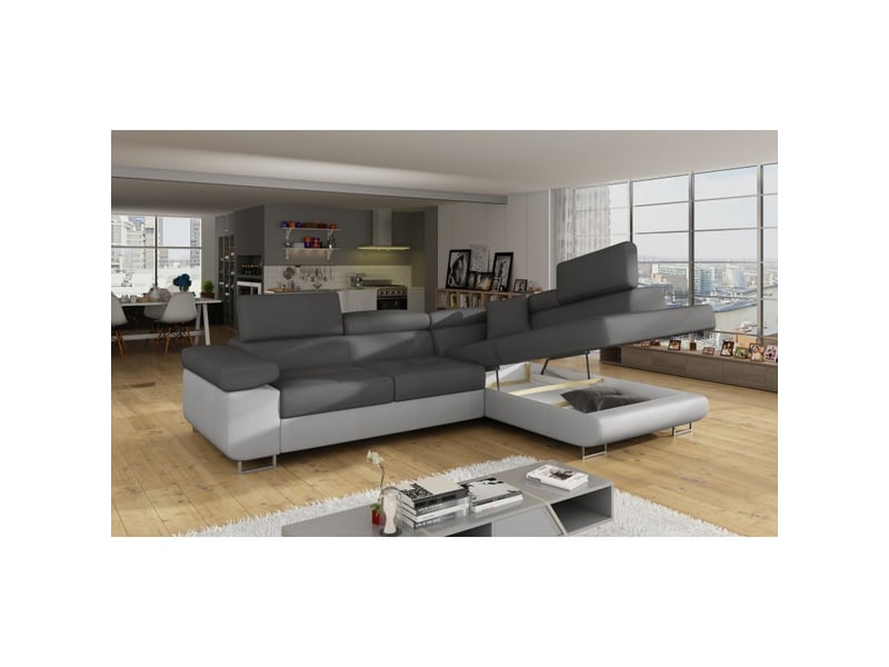  Canapé d'angle convertible menton gris et blanc – angle droit avec coffre  - Conforama E