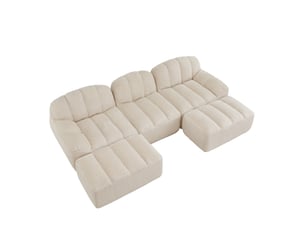 Canapé modulable en u 3 places beige blanc avec 2 ottomans, assise profonde en tissu bouclette pour le salon