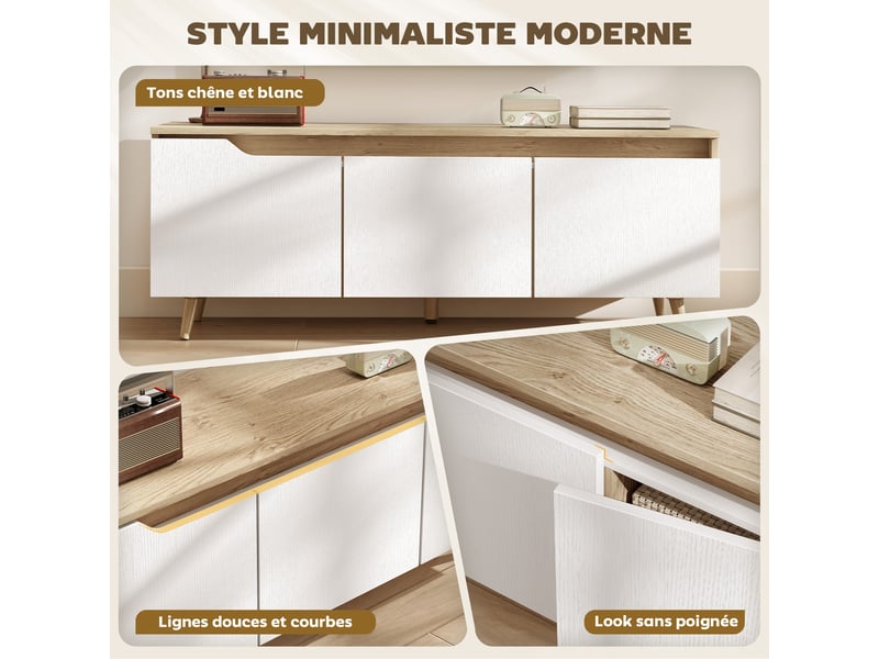  Meuble tv 120 cm, meuble télé pour téléviseur jusqu'à 55 pouces avec 3 portes, étagère réglable, chêne et blanc  - Conforama D