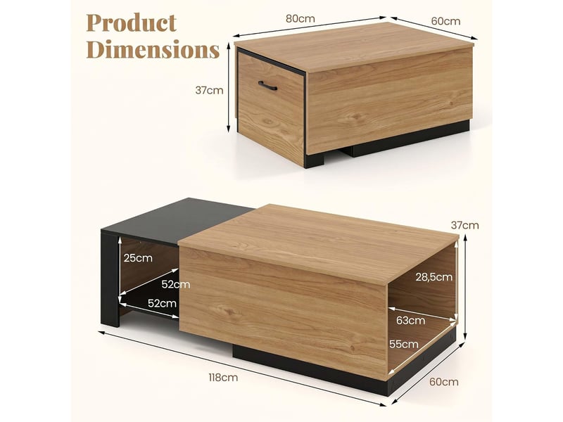  Table basse extensible, table d’appoint rectangulaire, avec compartiment coulissant, casier latéral, bureau coulissant, 80 x 60 x 37 cm  - Conforama D