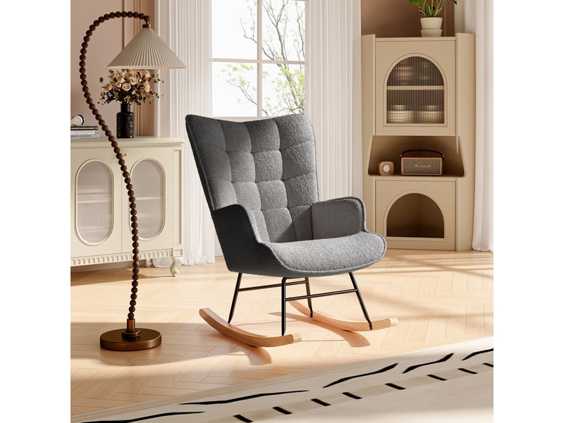  Fauteuil à bascule - 75x68x92cm - rocking chair en tissu bouclette avec dossier capitonnée et pieds en bois - gris foncé  - Conforama D