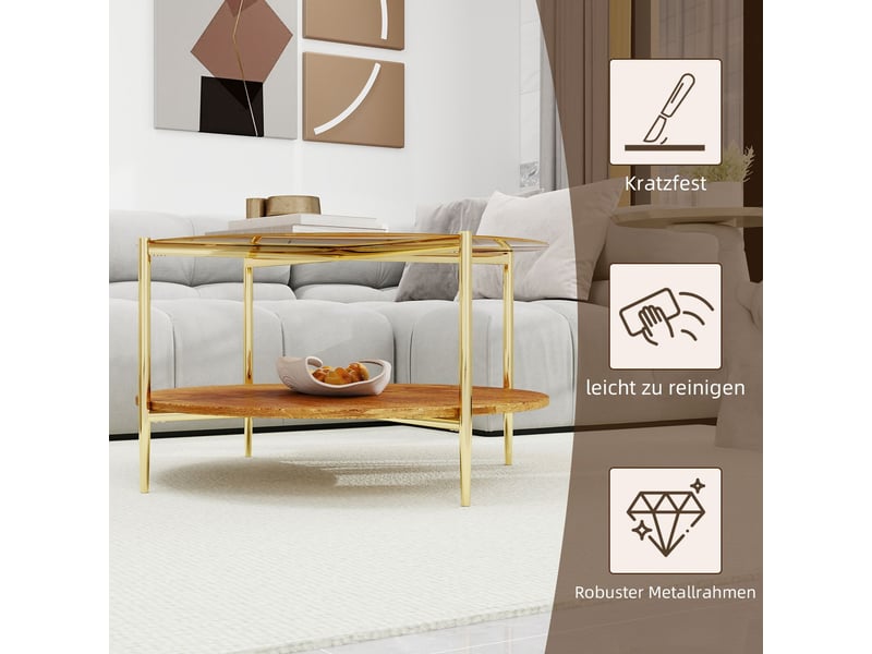  Table de salon surface en verre style moderne minimaliste plateau rond en verre doré niveau inférieur en bois design beau et pratique  - Conforama E