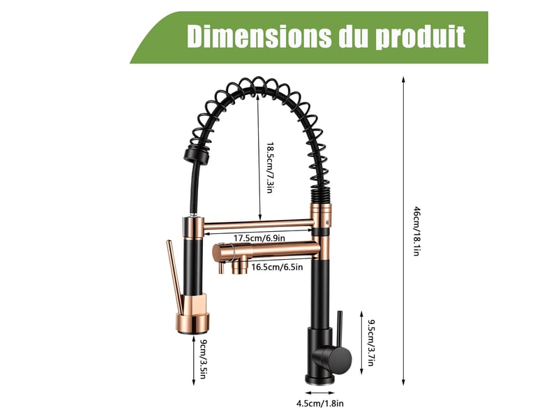  Mitigeur cuisine pivotant 360°- robinet 46cm avec ressort extensible et 2 modes de pulvérisation -  doré  - Conforama E