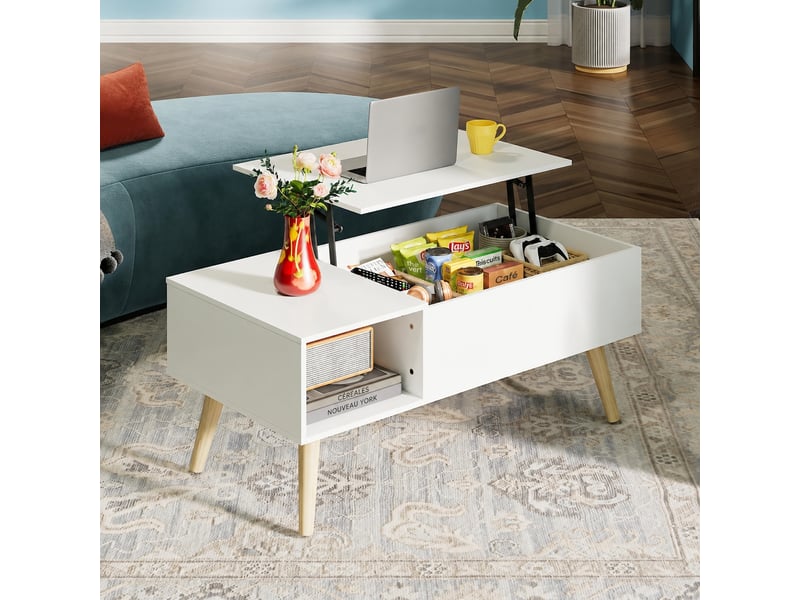  Table basse relevable avec coffre et niche ouverte, style mi-siècle, blanche, 100 x 50 cm, hauteur 41 à 57 cm  - Conforama B