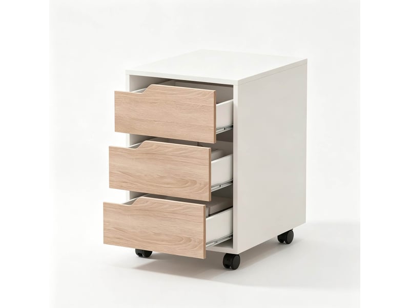  Caisson de bureau mobile 40 x 50 x 57,5 cm blanc et chêne, 3 tiroirs, roulettes avec freins pour documents  - Conforama A