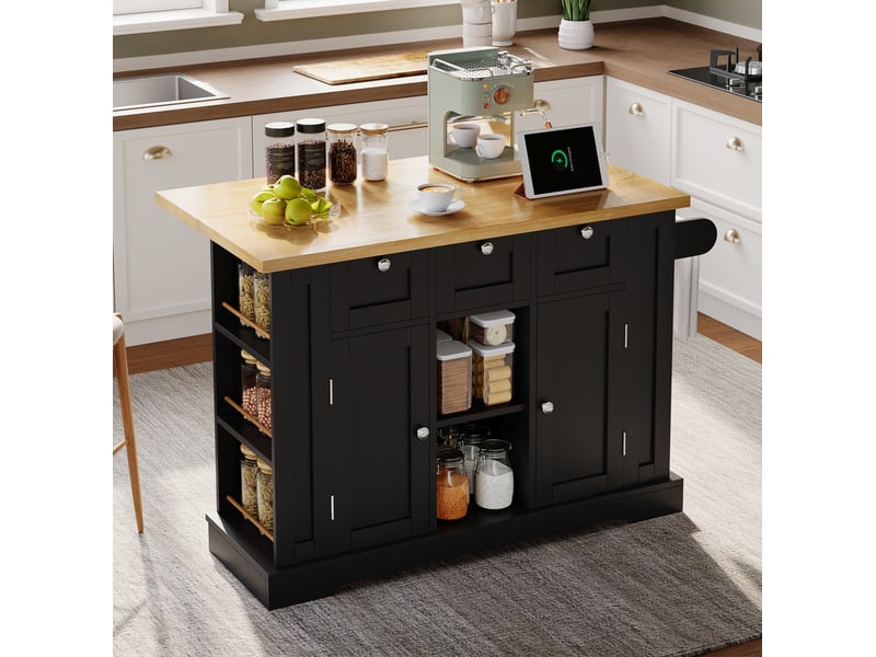 Desserte de cuisine 132 cm avec plateau rabattable, tiroirs, prise usb, naturel noir  - Conforama B