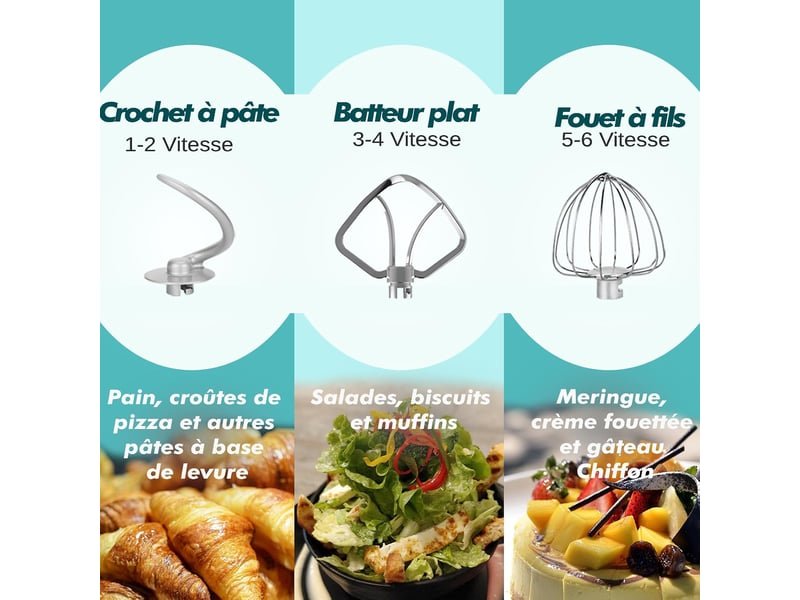  Robot pâtissier 1400w, bol 6,2l en acier inoxydable, 6 vitesses, fouet, crochet et batteur inclus, pour pâtisserie et boulangerie (bleu)  - Conforama E