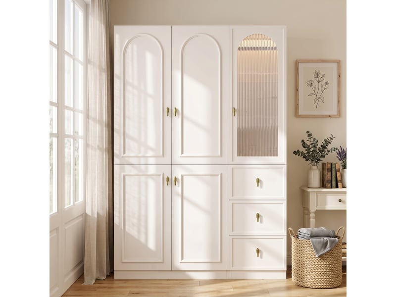  Armoire 135 x 48 x 200 cm avec éclairage led, 5 portes, 3 penderies et 3 tiroirs, grand meuble haut à portes battantes moderne pour chambre ou chambre d’enfant - blanc OPULERANE TRADING LTD - Conforama B
