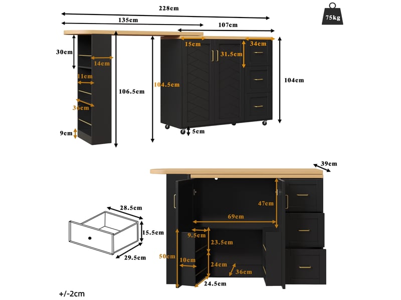 Desserte bar extensible à roulettes avec rangement 135-228 cm evryae - Conforama E