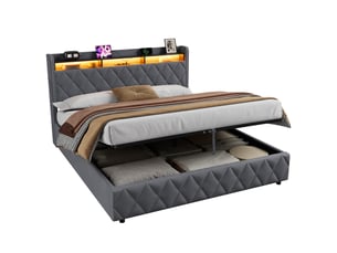 Lit coffre 180x200 avec éclairage led et prise électrique, lit pour adolescents avec étagères ouvertes et coffre de rangement, grise, sans matelas