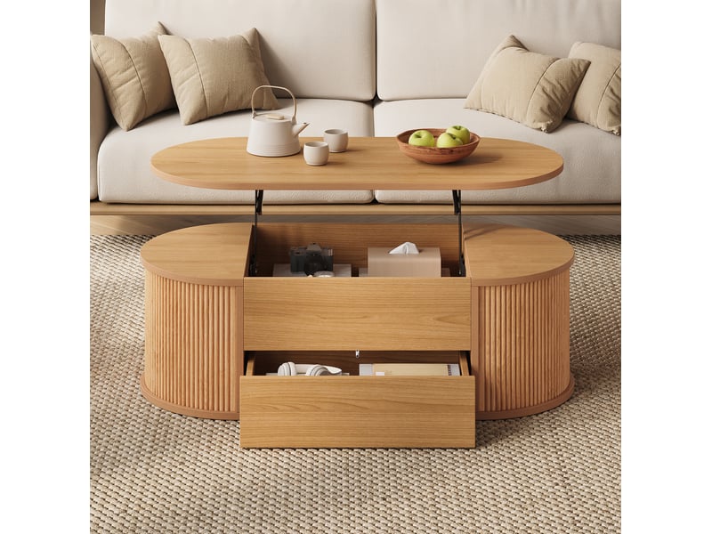 Table basse ovale 100x50x35 cm à plateau relevable avec tiroir, finition bois clair - Conforama D
