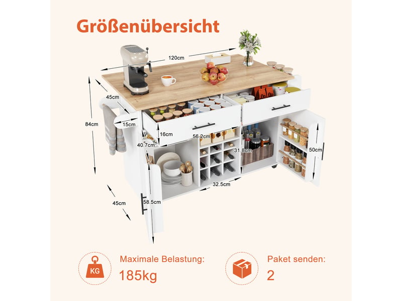  Îlot de cuisine mobile pliable avec rangement, chariot à roulettes, 2 tiroirs et porte-bouteilles  - Conforama C