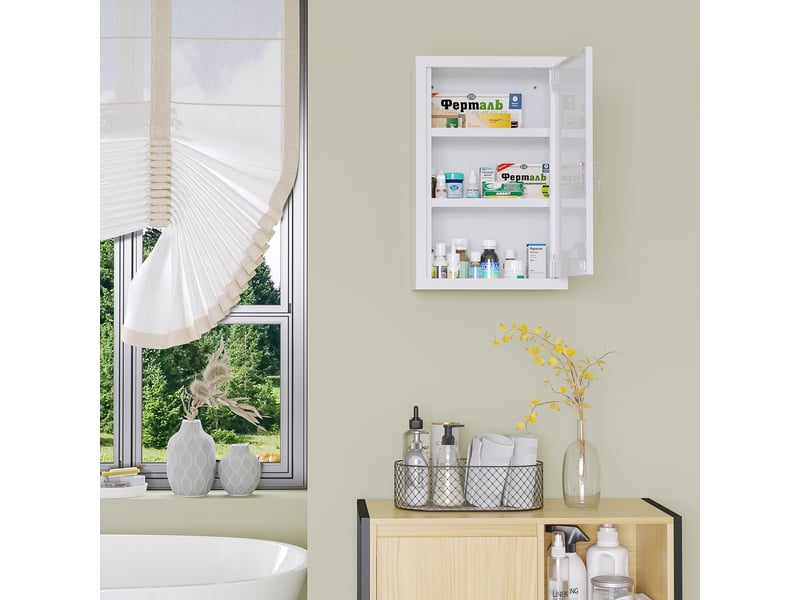  Armoire à pharmacie verrouillable avec étagères, structure en acier, 30 x 14 x 46 cm, blanche  - Conforama D