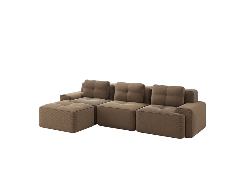Canapé d'angle, canapé modulable : avec pouf, sans montage, sans cadre, style cloud, marron, en velours tricoté, 3 places - Conforama W