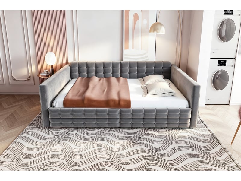  Canapé-lit 140x190 cm, lit d'appoint, couchage d'appoint, velours gris, 2 tiroirs  - Conforama W