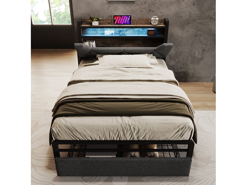  Modenvie lit 1 place avec rangement 90x200 cm - tête de lit avec usb-c et led, avec matelas - gris  - Conforama E