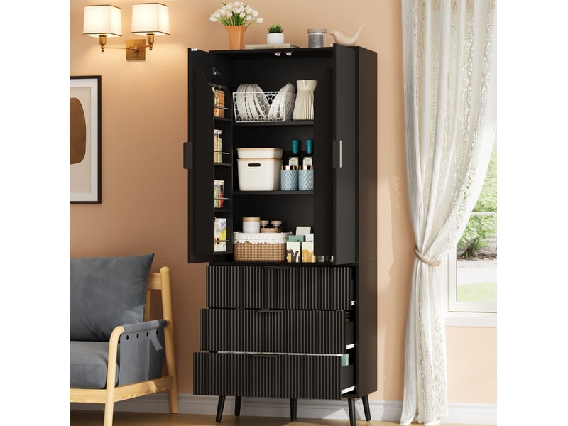  Armoire de cuisine 75x35x180 cm noire avec 2 portes et 3 tiroirs  - Conforama B