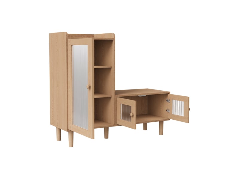  Meuble à chaussures - 100x35x90cm - banc d'entrée avec assise rembourrée, étagères ajustables, portes verre - bois naturel  - Conforama A