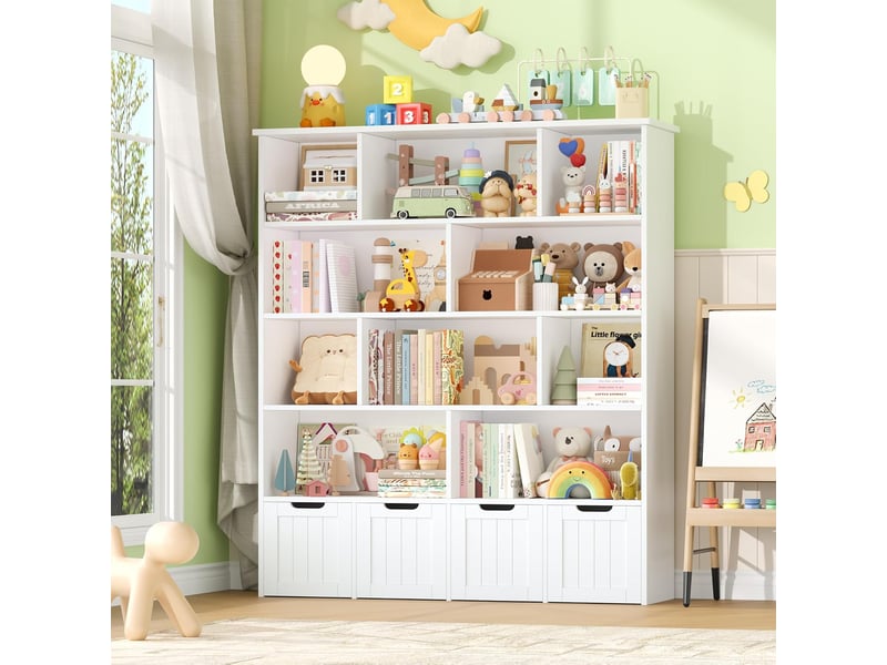  Meuble de rangement enfant bibliothèque enfant avec 11 étagères 4 tiroirs roulants rangement jouet 125.5x33x146cm blanc  - Conforama B